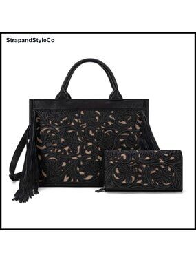 Trinity Ranch Western Floral Tooled Genuine Leather Tote Crossbody Wallet Set